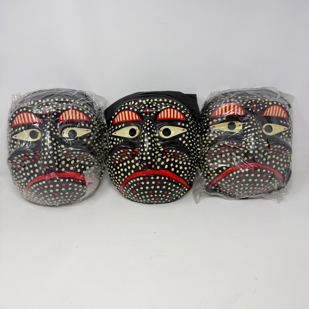 3 Vintage Korean Plastic Mask Late 1990s Traditional Folk Art Dotted Black Red